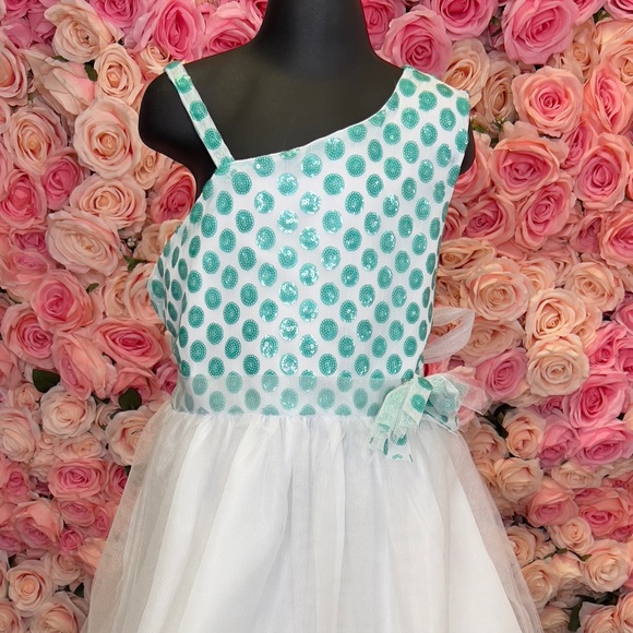 Little Girls White with Aqua Mint Bodice Dress Size 12 # M912 - Picture 3 of 11